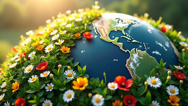 Planet Earth Made of Wildflowers and Green Leaves