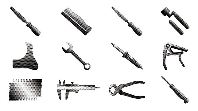 Hand tool collection with halftone aesthetic for precision mechanics and manual workshop labor.