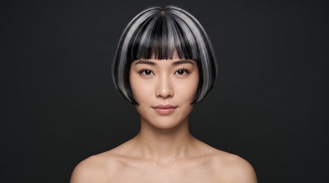 Young Woman with Graphic Black and Silver Pageboy Haircut, Calm Direct Gaze and Natural Skin Texture in Avant-Garde High-Fashion Beauty Portrait