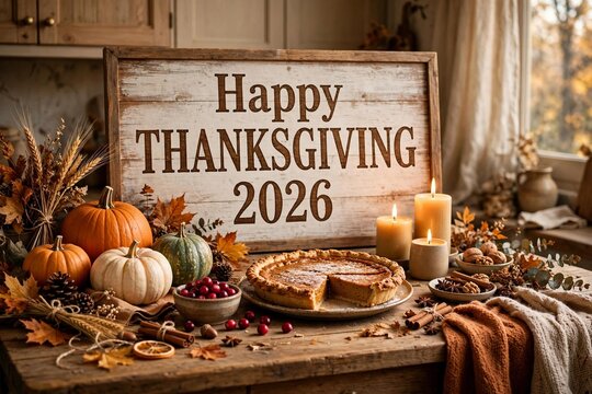 Elegant Black Background Give Thanks 2026 Poster with White Typography