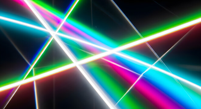 Abstract Light Refraction Background Featuring Vibrant Neon Laser Beams and Spectral Color Prisms in a Dynamic Modern Digital Art Composition
