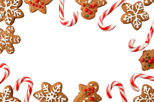 Christmas candy cane and gingerbread cookie border with copy space