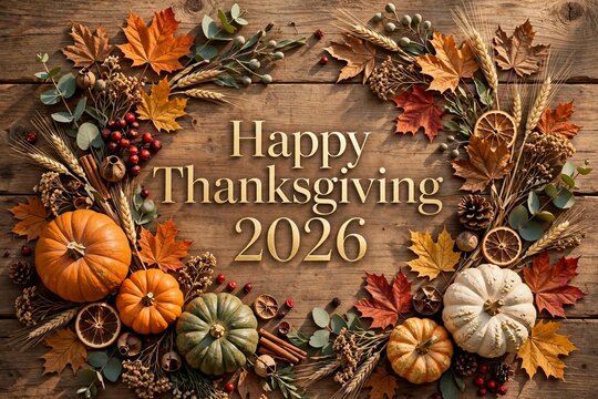 Elegant Happy Thanksgiving 2026 Greeting Card with Pumpkins and Autumn