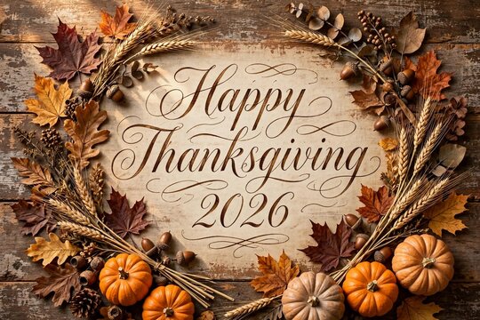 Rustic Vintage Happy Thanksgiving 2026 Design with Hand Lettering, Pum