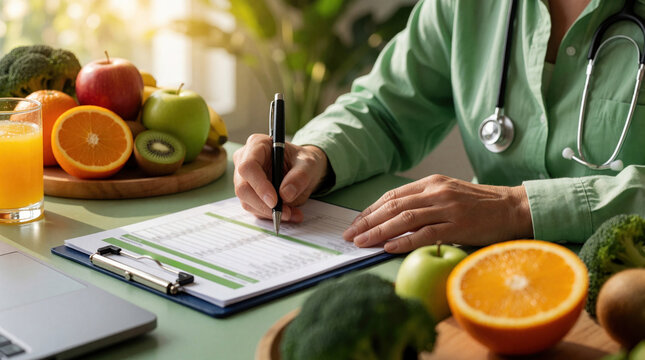 Nutritionist writes healthy meal plan on paper form. Doctor consults patient about diet, using fresh fruits vegetables, laptop at desk. Pro health care.