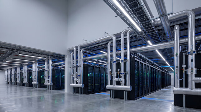 Industrial data center server room with heavy cooling pipes for enterprise network, AI Generated image