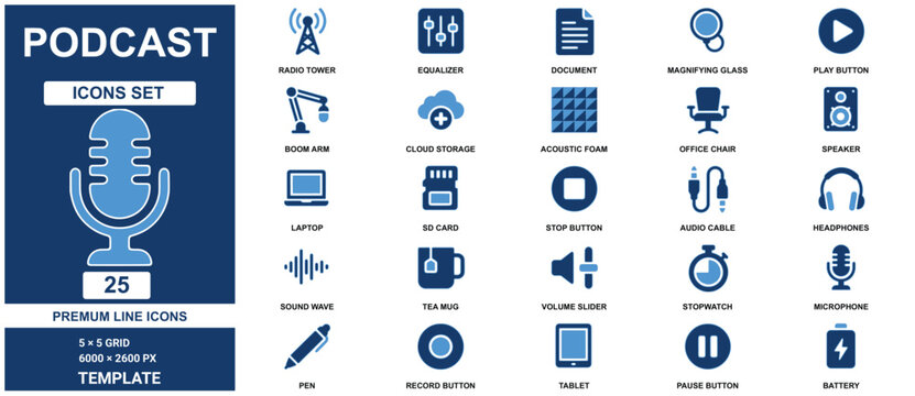 Podcast set template featuring blue audio equipment and broadcasting in a 5x5 grid layout white