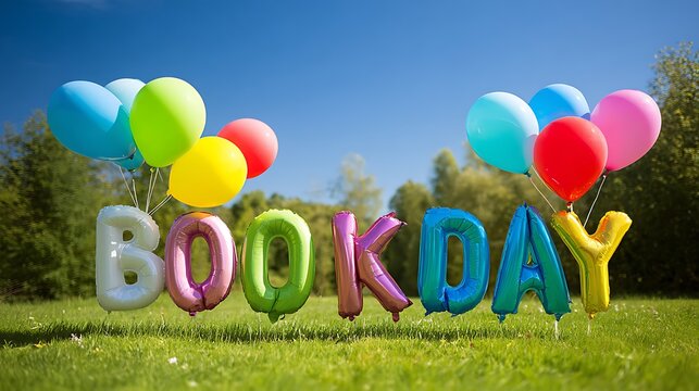 Colorful BOOK DAY balloons floating in a sunny green park celebrating reading and literacy with a festive outdoor theme