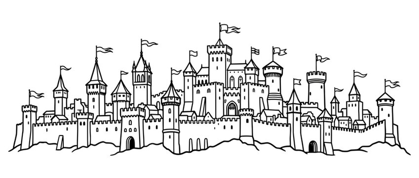 Medieval Castle Fortress Line Art Isolated