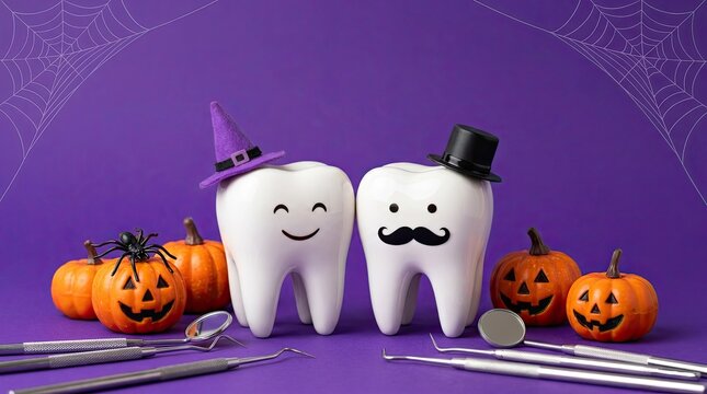 Two cute teeth wearing hats with small pumpkins for a fun halloween dental theme