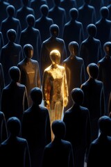 Obraz premium Golden glowing figure stands out from dark crowd. Unique person shines brightly among many identical silhouettes. Concept of individuality and success in a group setting.