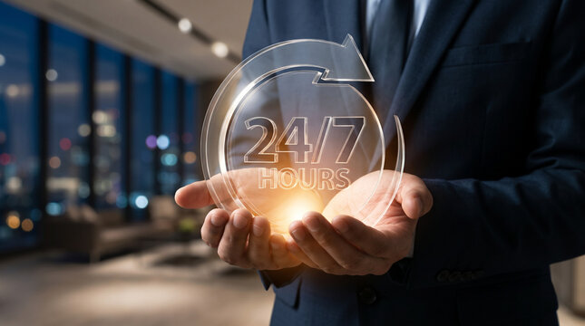 24/7 hour service concept representing continuous customer support, assistance, availability, and digital business operation.