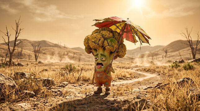 3D exhausted broccoli character with wilting yellow florets in heatwave