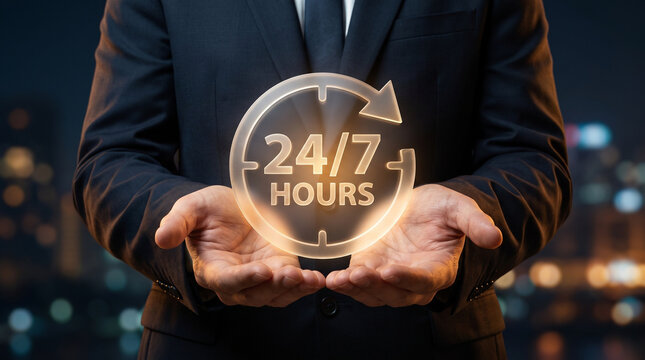 24/7 hour service concept representing continuous customer support, assistance, availability, and digital business operation.