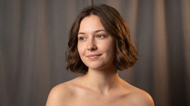 Young Woman with Chin Length Bob Soft Wavy Hair Oval Face Gentle Smirk Looking Off Camera Bare Shoulders, Hair Beauty Studio Portrait
