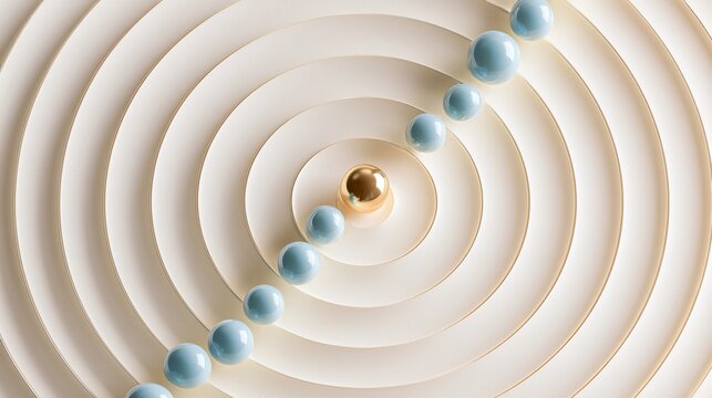 Minimalist 3D Top Down Photo of Plaster Concentric Grooves with Central Gold Sphere for Data Hub and KPI Concept
