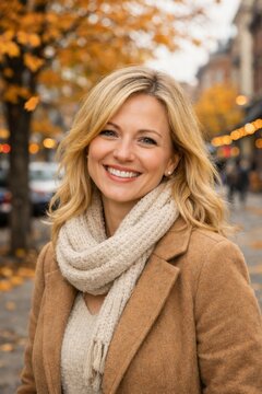 Smiling woman on an autumn city street in coat and scarf for urban lifestyle banner and seasonal portrait background