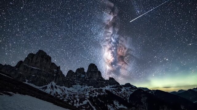 Vertical Milky Way Galaxy Arching Over Snowy Mountain Range During Clear Night