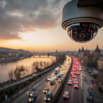 A modern security dome camera monitoring a busy highway during a colorful sunset. Excellent for urban surveillance and smart city technology concepts.