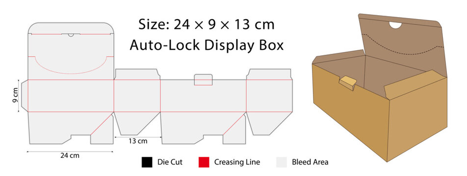 Auto Lock Display Box Carton Die Cut Template, Packaging Keyline and 3D Mockup