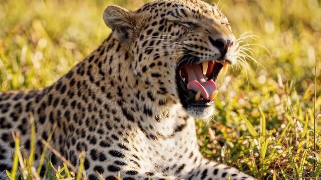 Detailed Portrait of African Leopard Staring Intensely in Natural Grassland Habitat