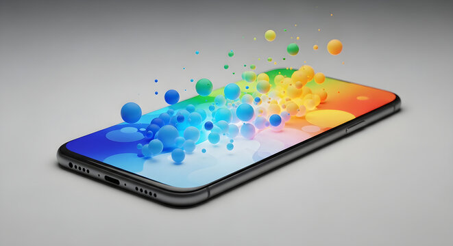 Modern smartphone device showing colorful floating 3D spheres representing digital interface innovation and creative mobile technology visualization