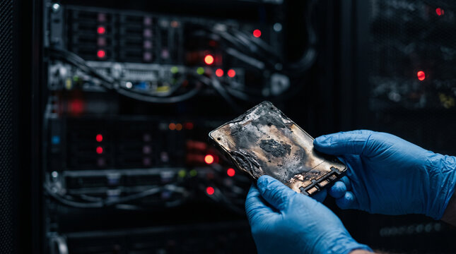 Technician holds burnt hard drive in data center. Professional inspecting corrupted storage device to recover data. Concept of cyber security failure and catastrophic equipment damage.