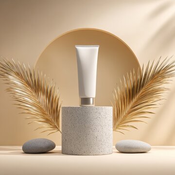 Blank cosmetic tube on a podium with golden palm leaves and stones. Perfect for luxury skincare branding presentations.