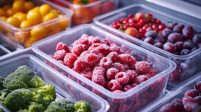 Assorted frozen berries and vegetables stored neatly in plastic containers inside a commercial freezer. Perfect for healthy eating and food storage.