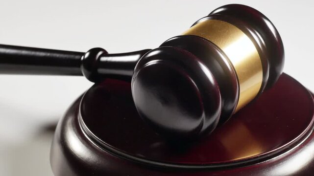 Judge hammering gavel onto sounding block close up 4k video