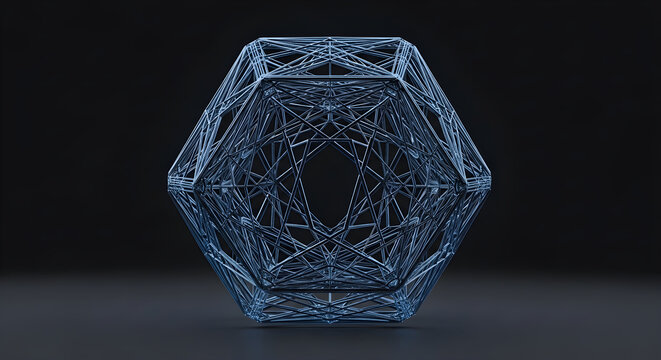 Intricate Geometric Wireframe Structure Featuring a Complex Blue Polyhedron Design Isolated on a Dark Background for Modern Technology Aesthetics
