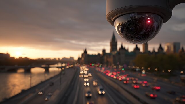 CCTV security camera overlooking a busy urban highway with city traffic at dusk. Ideal for urban surveillance and smart city technology concepts.