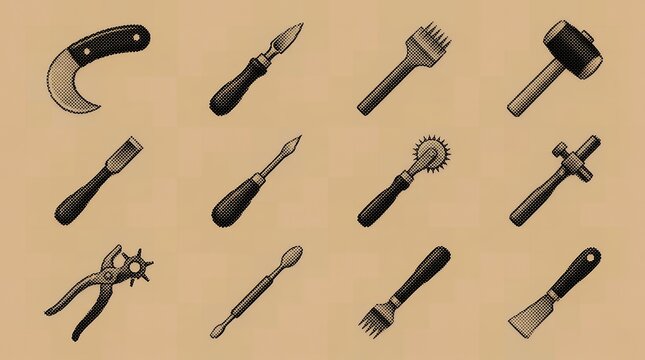 Leathercraft hand tool set featuring vintage stippled illustration style for artisan leatherworking projects.
