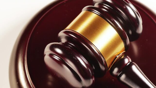 Judge hammering gavel onto sounding block close up 4k video