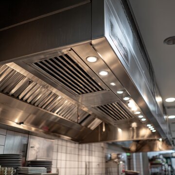 Commercial kitchen exhaust hood made of stainless steel with bright LED lights installed. Ideal for restaurant ventilation system concepts.