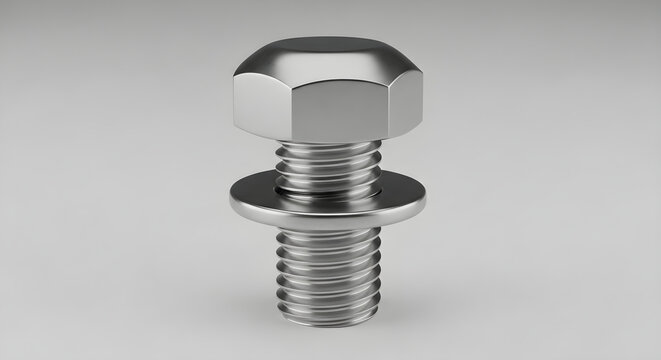 Industrial Stainless Steel Bolt with Integrated Washer for Mechanical Fastening and Engineering Applications Isolated on Light Gray Background