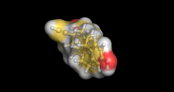 Ethinyl estradiol, synthetic estrogen steroid hormone used in combined oral contraceptives and hormone replacement therapy, 3D molecule spinning, 4K