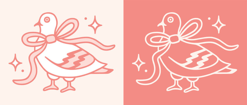 Pink pigeon with bow outline drawing girly coquette fancy soft pastel aesthetic female bird ribbon ink illustration. Whimsical urban city wildlife minimal white doodle sparkling sticker design print.