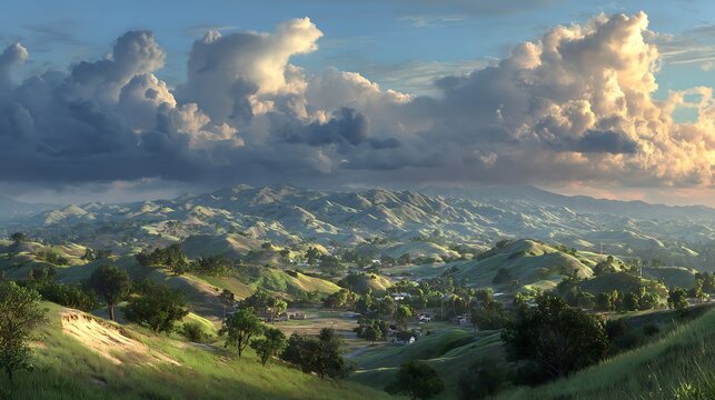 Rolling green hills under dramatic cloudy sky