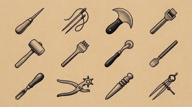Handmade leather craft tools with retro halftone texture for artisan workshop projects.