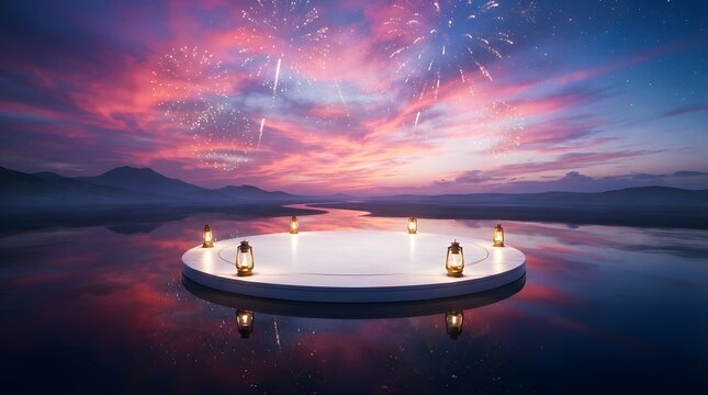 Circular podium on water surface with lanterns and fireworks in a sunset sky