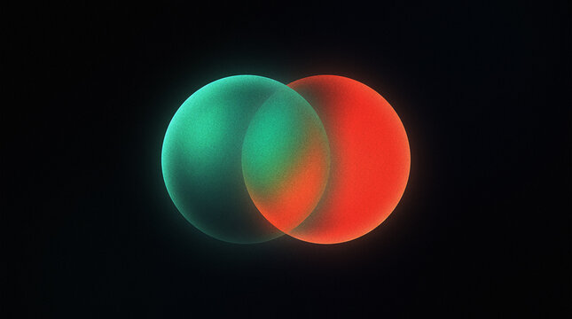 Two overlapping circles with glowing green and red colors on black background.