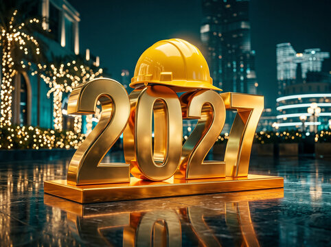 2027 new year celebration with gold numbers and hard hat in urban nightscape