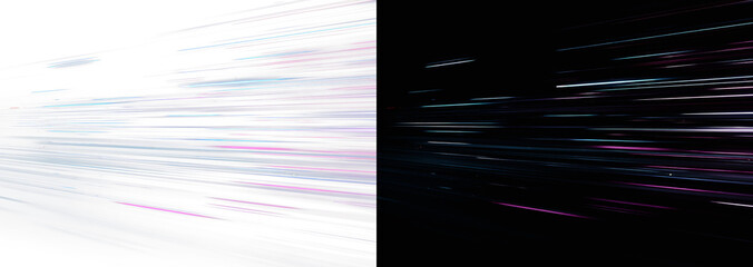 Multicolour horizontal light streaks motion blur on white and black background. Futuristic blue pink speed trail particle lines overlay. Dynamic glowing neon ray dash stream effect stock © Olena