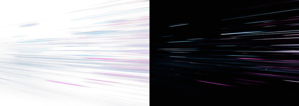 Multicolour horizontal light streaks motion blur on white and black background. Futuristic blue pink speed trail particle lines overlay. Dynamic glowing neon ray dash stream effect stock