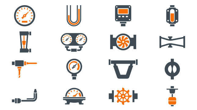 Industrial flow measurement icons featuring gauges and pipeline sensors in orange and grey