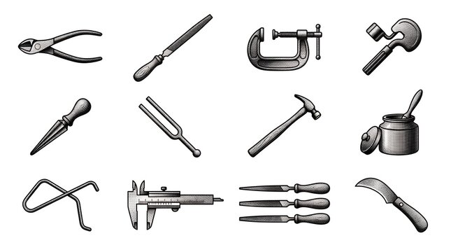 Engraved style workshop tools and manual instrument set for carpentry and technical repair work designs.
