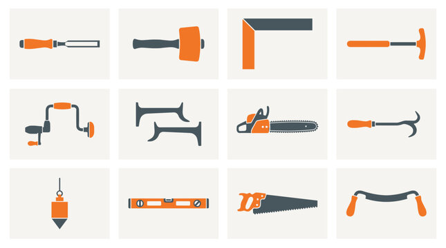 Collection of carpenter tools featuring orange and grey icons in a grid layout