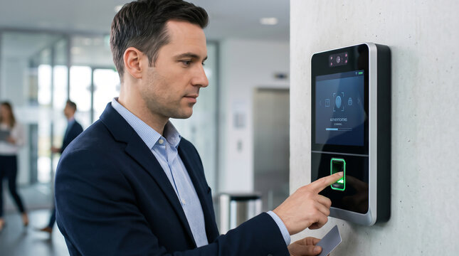 Biometric fingerprint security system in modern office setting with businessman authenticating access