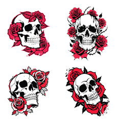 Fototapeta premium Set of human skulls with red roses in vintage tattoo style Vector illustration.